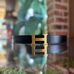 HERMES Black Brown Reversible Gold H Buckle Belt SZ80(6US)